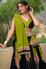 Black and Green Rayon Kachchi Worked Chaniya Choli with Shell Detailing