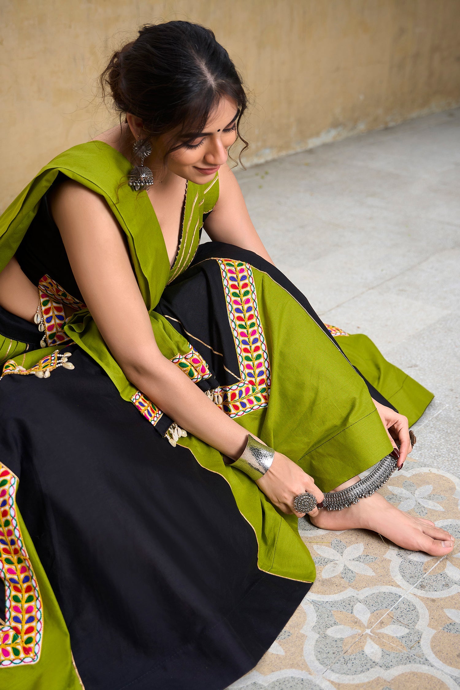 Black and Green Rayon Kachchi Worked Chaniya Choli with Shell Detailing