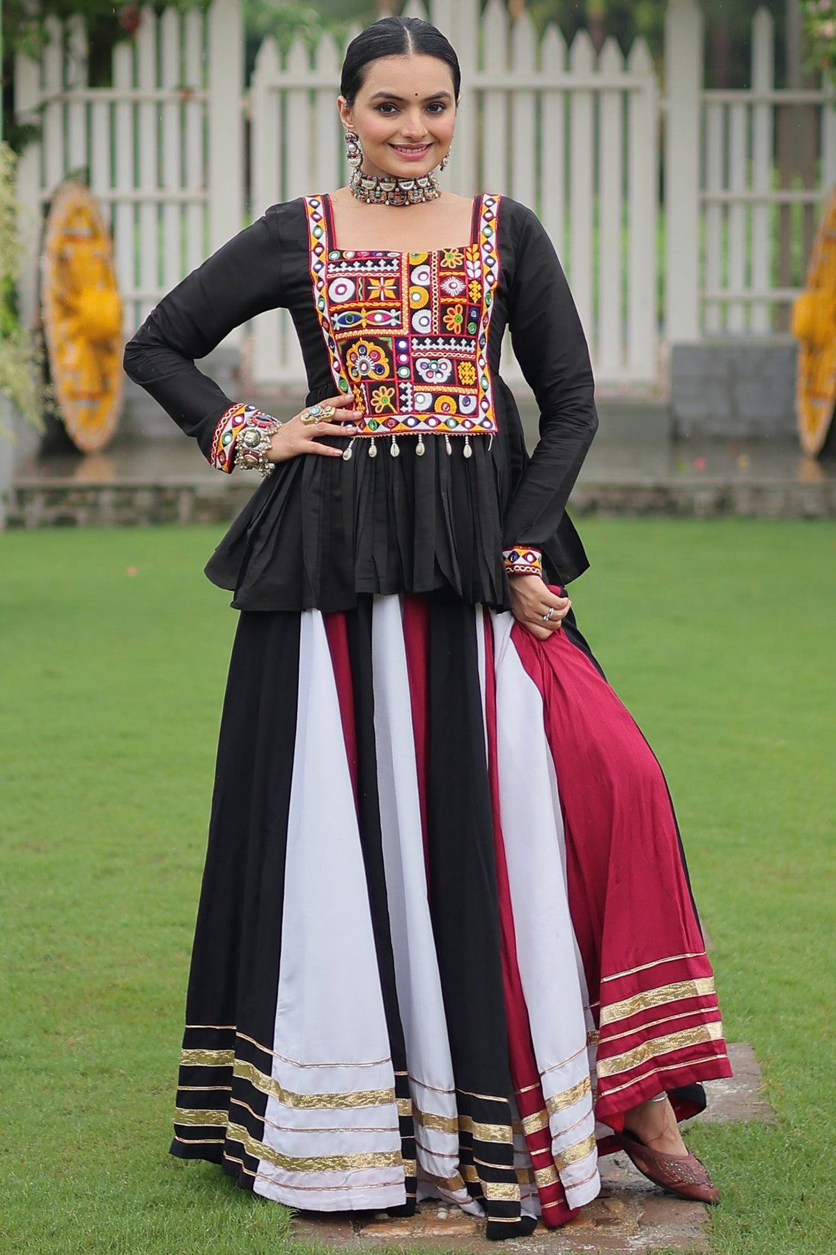 Multi Colored Rayon Flared Chaniya with Kachchi Worked Peplum Blouse