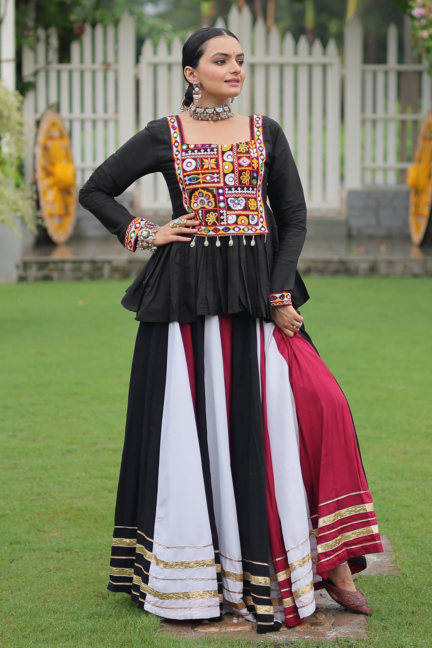 Multi Colored Rayon Flared Chaniya with Kachchi Worked Peplum Blouse