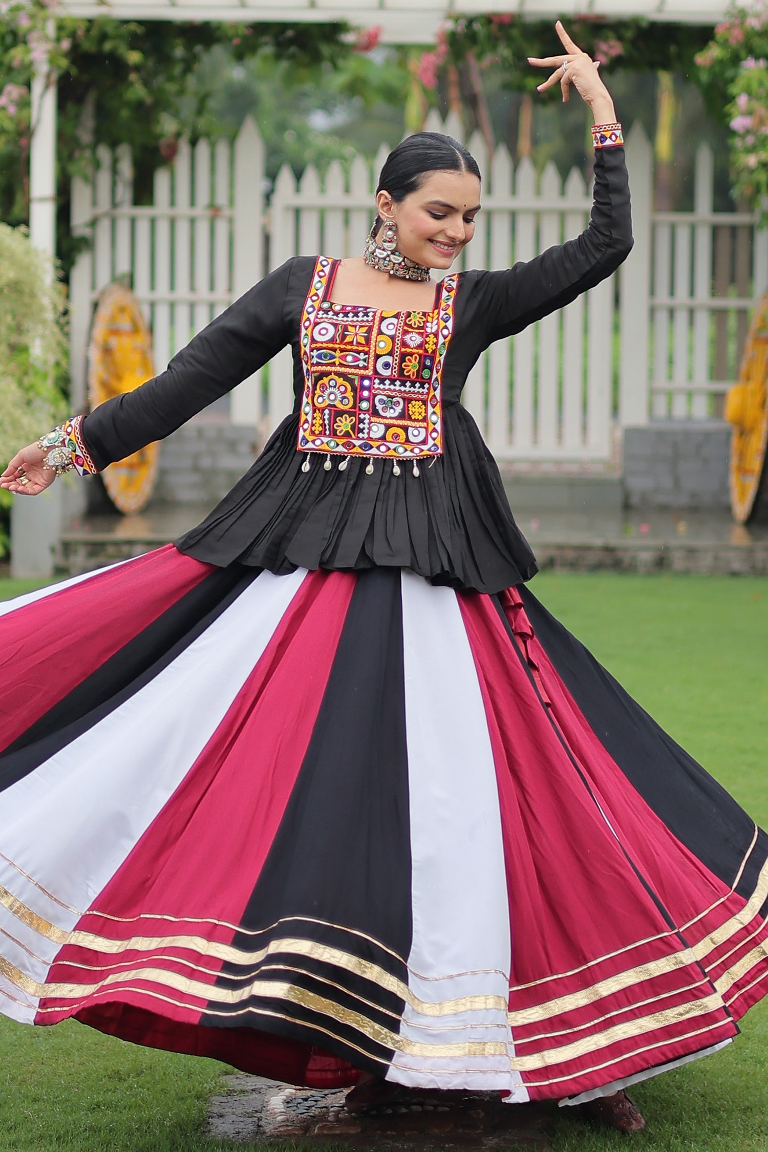 Multi Colored Rayon Flared Chaniya with Kachchi Worked Peplum Blouse