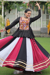Multi Colored Rayon Flared Chaniya with Kachchi Worked Peplum Blouse