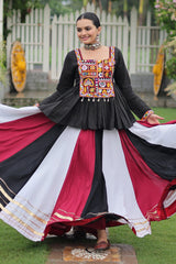 Multi Colored Rayon Flared Chaniya with Kachchi Worked Peplum Blouse