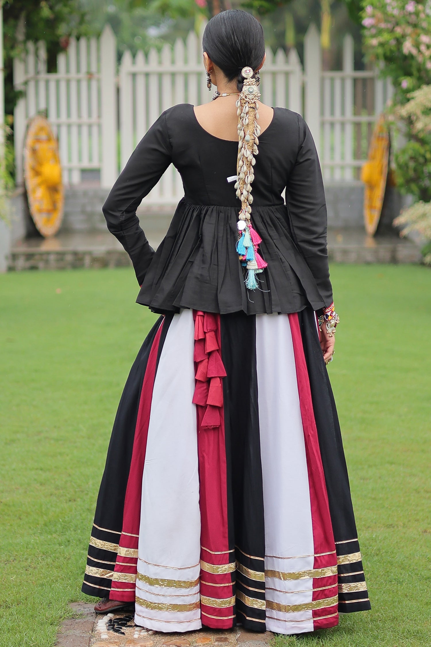 Multi Colored Rayon Flared Chaniya with Kachchi Worked Peplum Blouse
