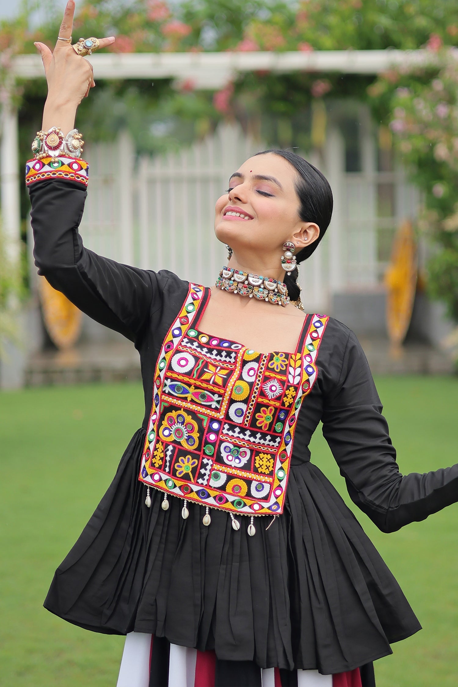 Multi Colored Rayon Flared Chaniya with Kachchi Worked Peplum Blouse