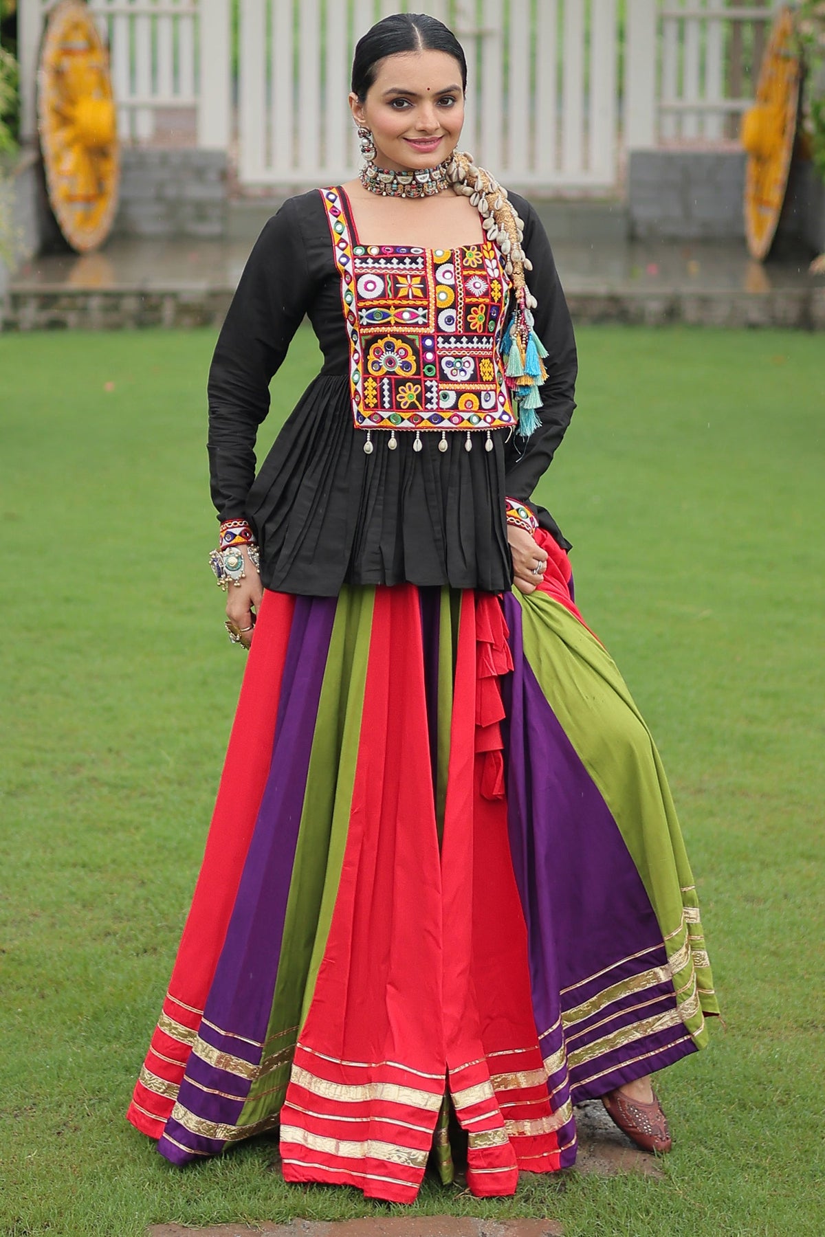 Multi Colored Rayon Flared Chaniya with Kachchi Worked Peplum Blouse