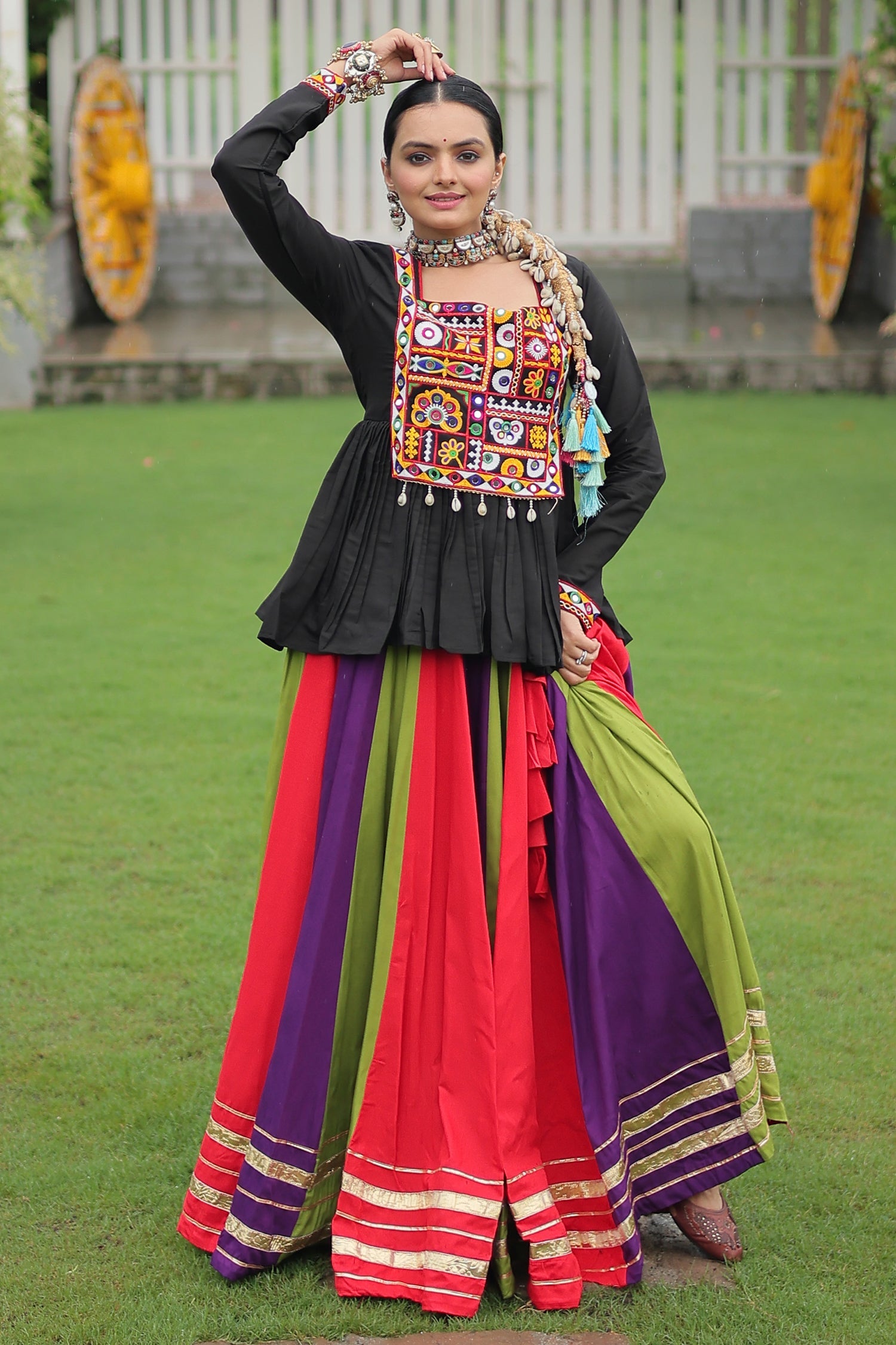 Multi Colored Rayon Flared Chaniya with Kachchi Worked Peplum Blouse