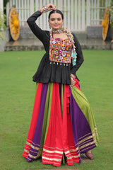 Multi Colored Rayon Flared Chaniya with Kachchi Worked Peplum Blouse