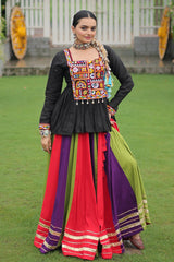 Multi Colored Rayon Flared Chaniya with Kachchi Worked Peplum Blouse