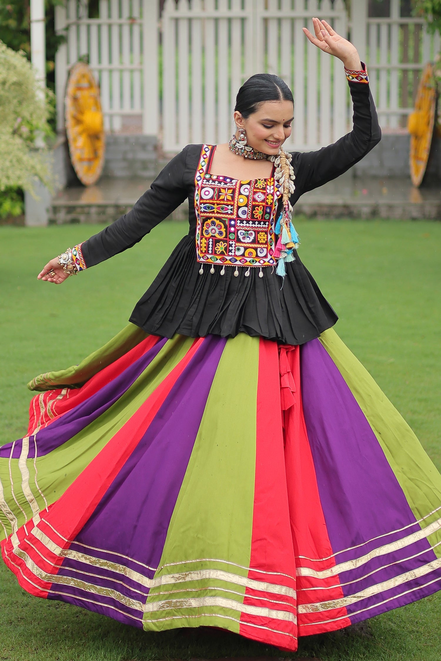 Multi Colored Rayon Flared Chaniya with Kachchi Worked Peplum Blouse