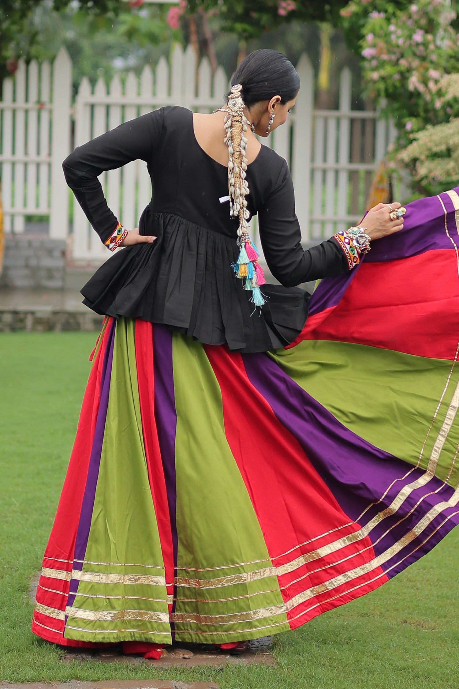 Multi Colored Rayon Flared Chaniya with Kachchi Worked Peplum Blouse