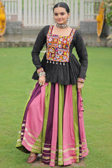 Multi Colored Rayon Flared Chaniya with Kachchi Worked Peplum Blouse