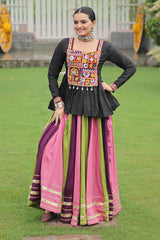 Multi Colored Rayon Flared Chaniya with Kachchi Worked Peplum Blouse