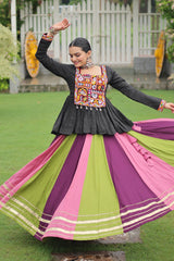 Multi Colored Rayon Flared Chaniya with Kachchi Worked Peplum Blouse