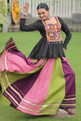 Multi Colored Rayon Flared Chaniya with Kachchi Worked Peplum Blouse