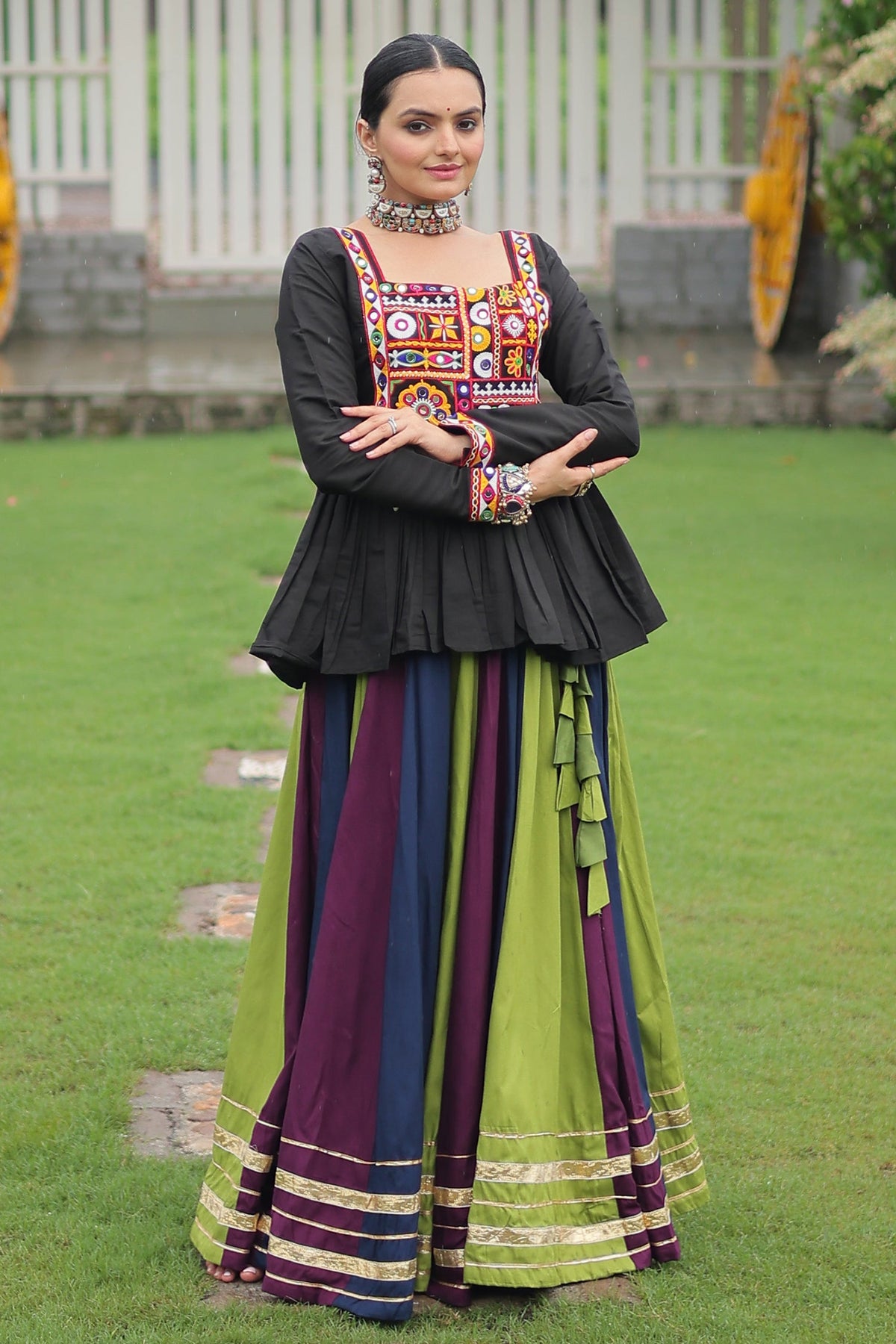 Multi Colored Rayon Flared Chaniya with Kachchi Worked Peplum Blouse