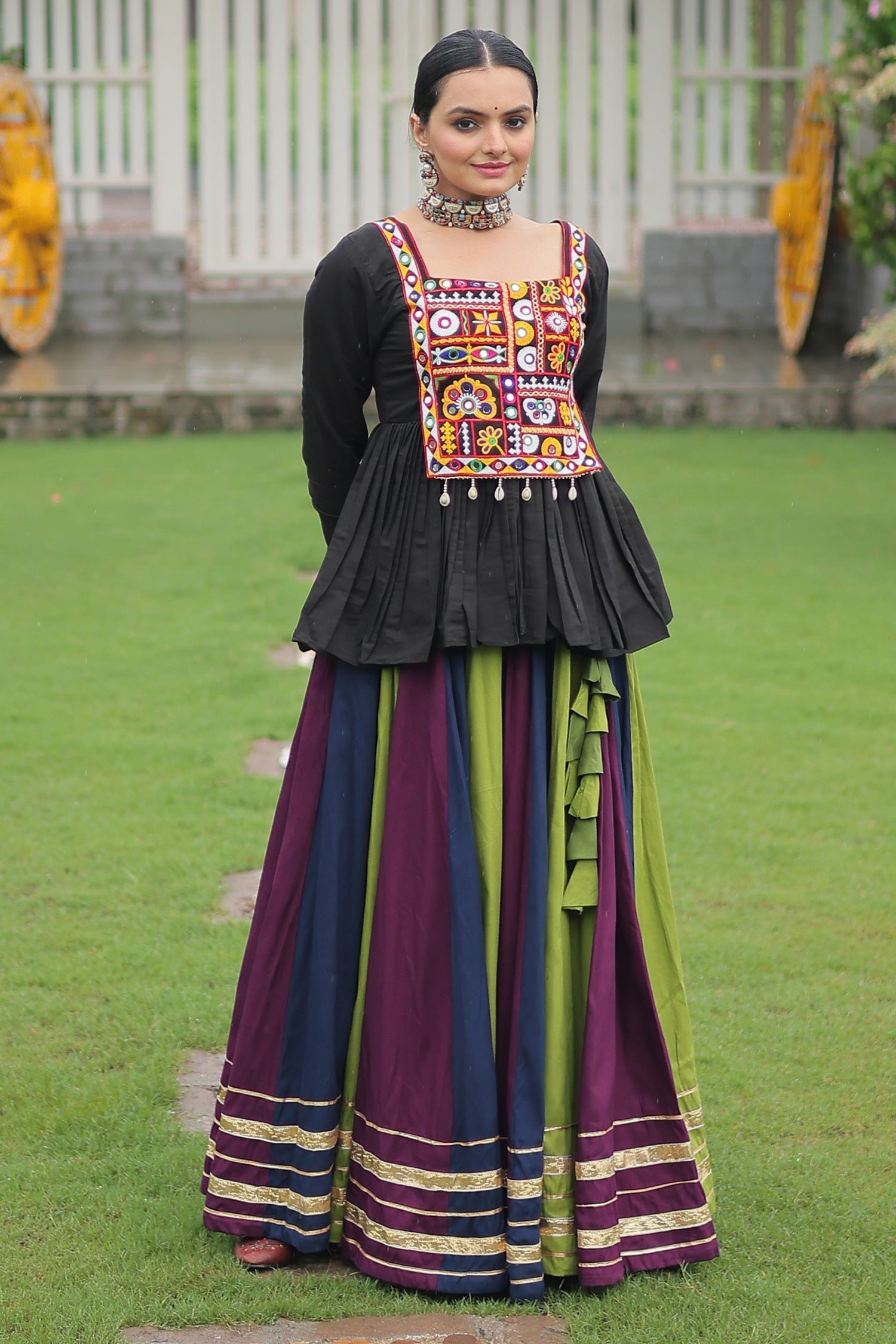 Multi Colored Rayon Flared Chaniya with Kachchi Worked Peplum Blouse