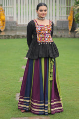 Multi Colored Rayon Flared Chaniya with Kachchi Worked Peplum Blouse