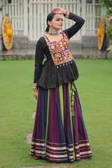 Multi Colored Rayon Flared Chaniya with Kachchi Worked Peplum Blouse