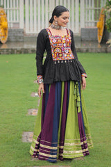 Multi Colored Rayon Flared Chaniya with Kachchi Worked Peplum Blouse