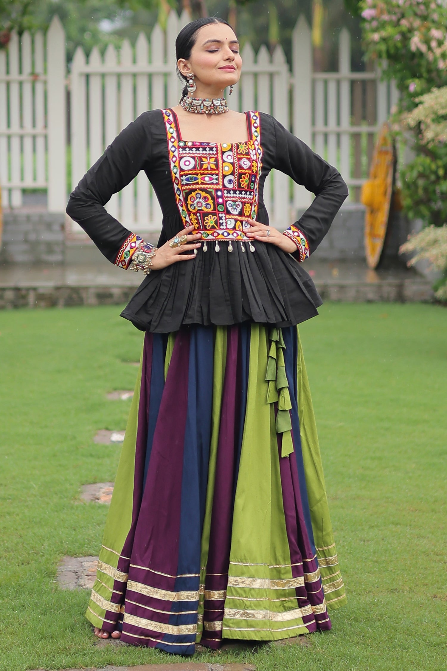 Multi Colored Rayon Flared Chaniya with Kachchi Worked Peplum Blouse