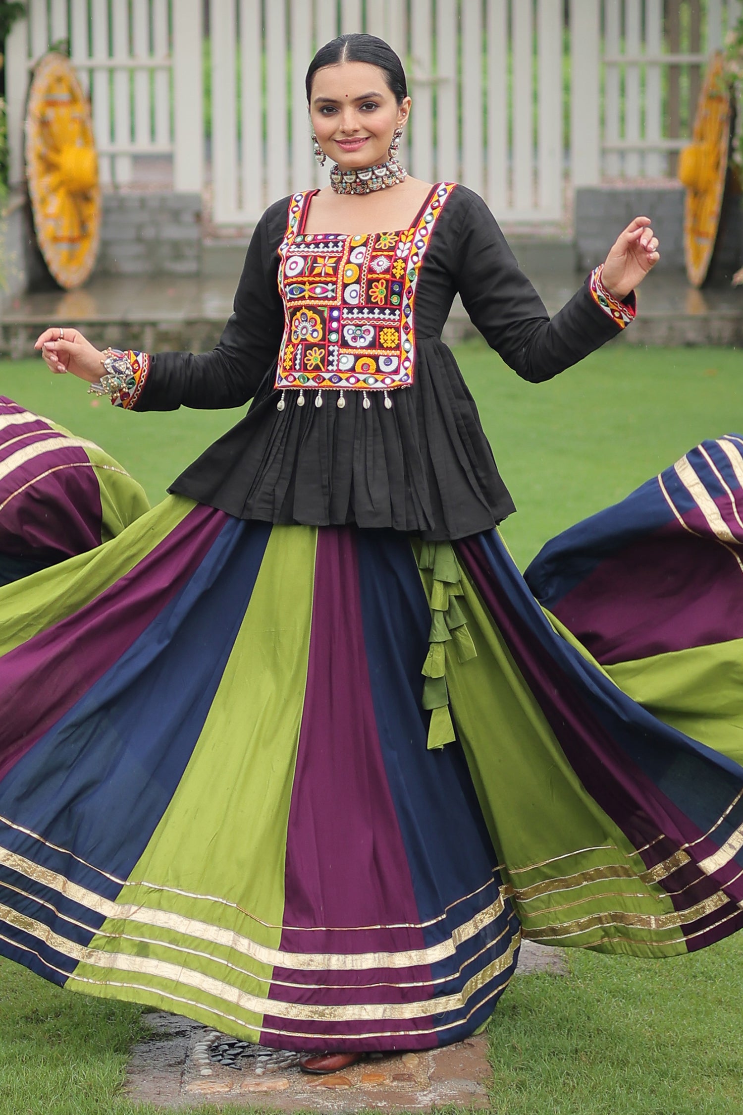 Multi Colored Rayon Flared Chaniya with Kachchi Worked Peplum Blouse