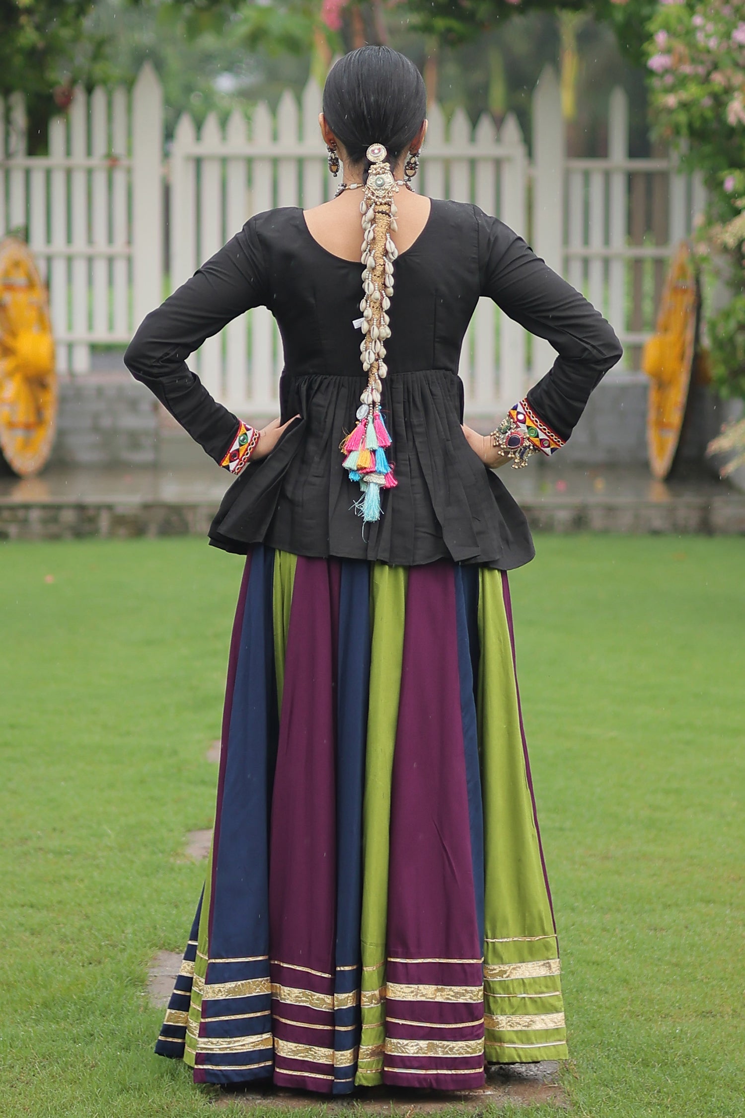 Multi Colored Rayon Flared Chaniya with Kachchi Worked Peplum Blouse