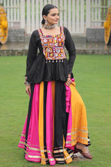 Multi Colored Rayon Flared Chaniya with Kachchi Worked Peplum Blouse