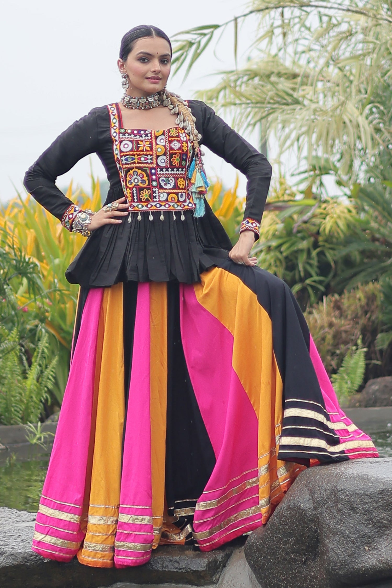 Multi Colored Rayon Flared Chaniya with Kachchi Worked Peplum Blouse