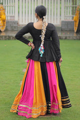 Multi Colored Rayon Flared Chaniya with Kachchi Worked Peplum Blouse