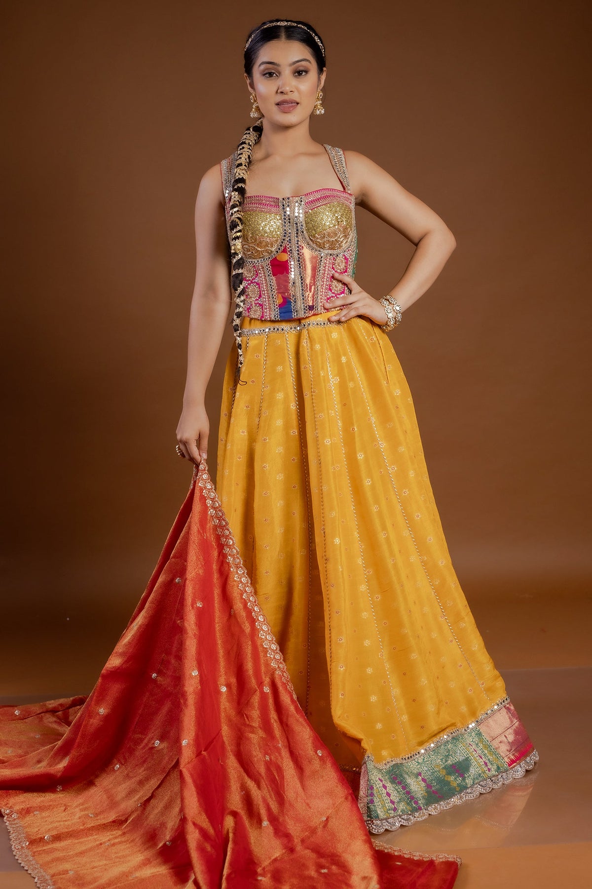 Yellow Tissue Lace Worked Lehenga