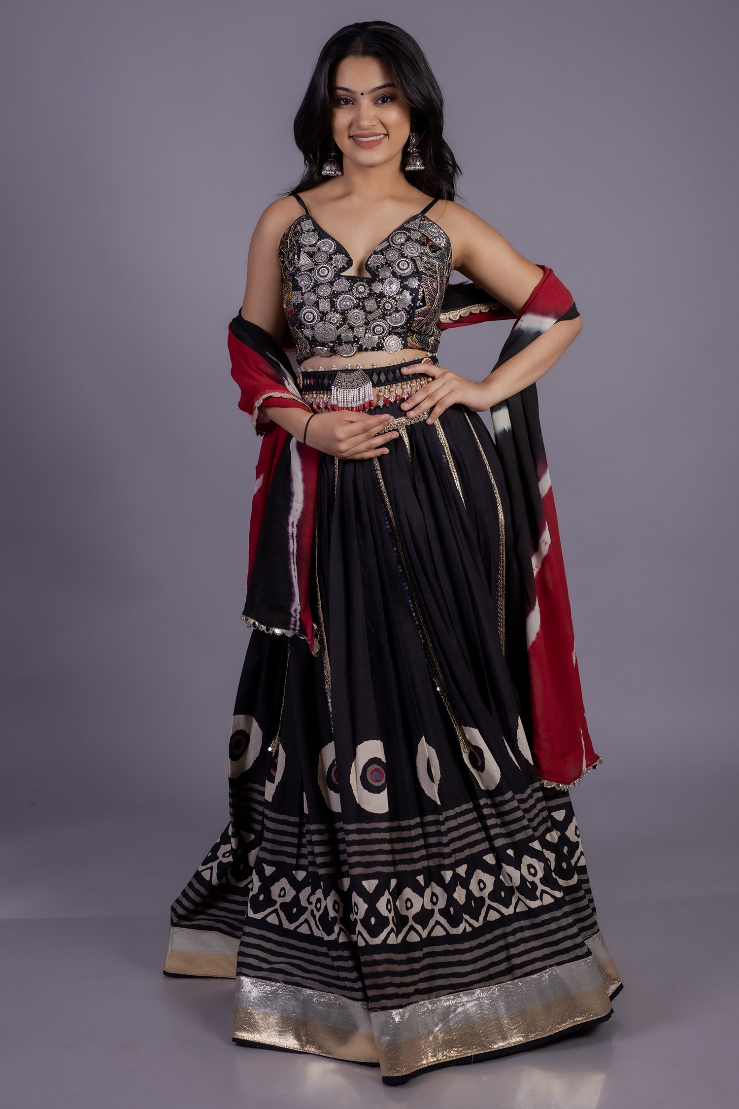 Black Cotton Printed Chaniya Choli with Lace Work