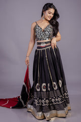 Black Cotton Printed Chaniya Choli with Lace Work