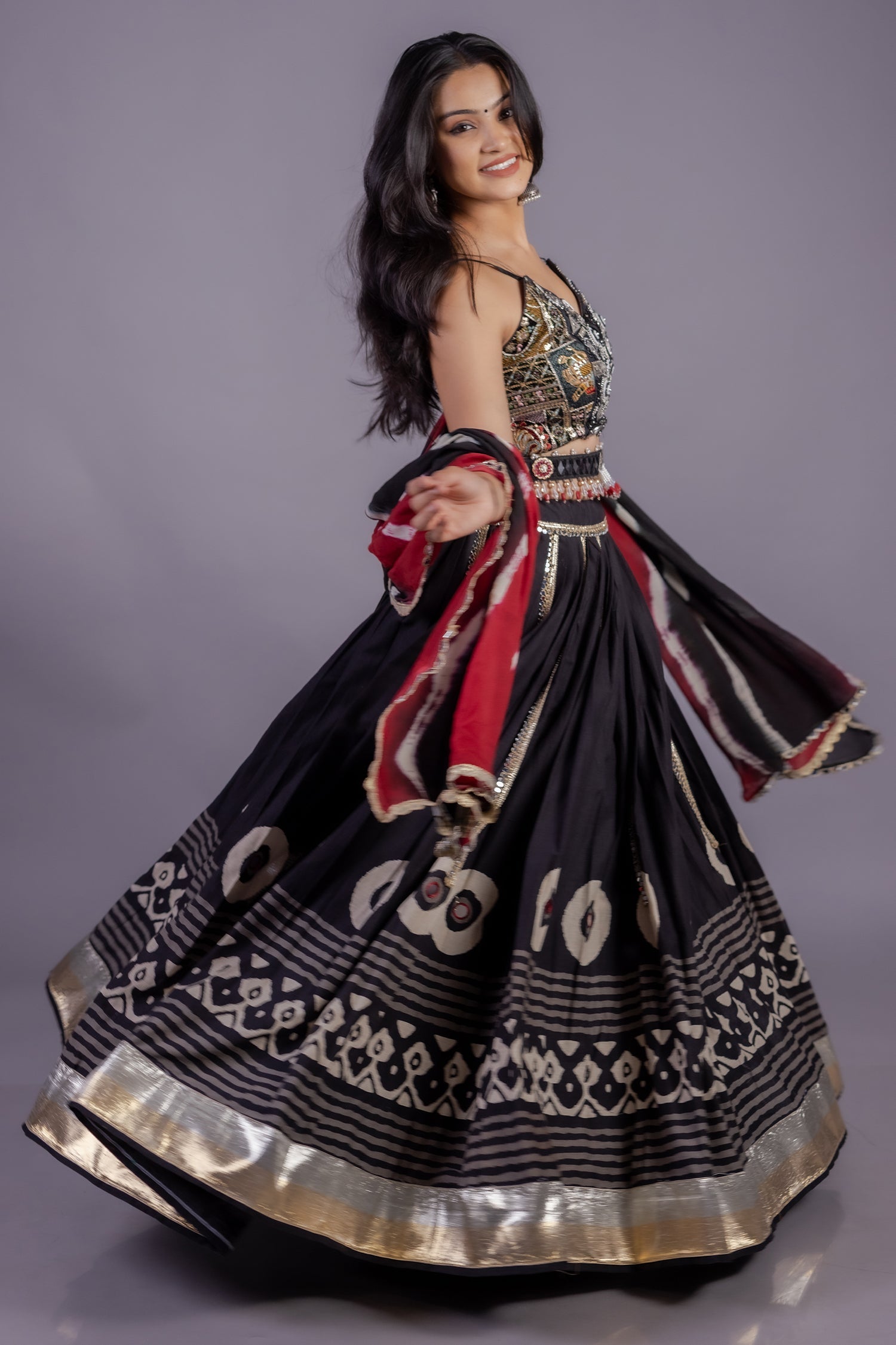 Black Cotton Printed Chaniya Choli with Lace Work