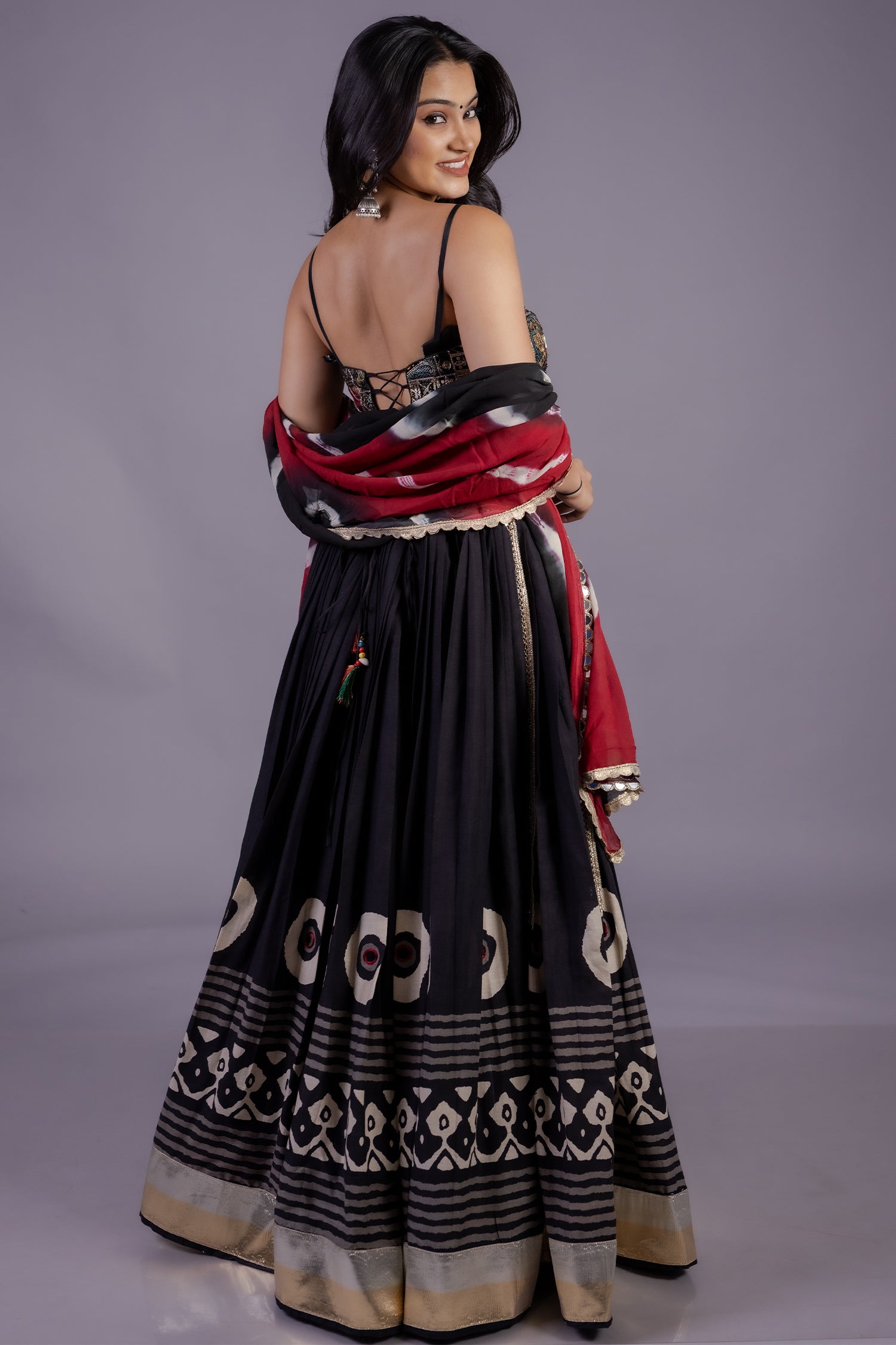 Black Cotton Printed Chaniya Choli with Lace Work