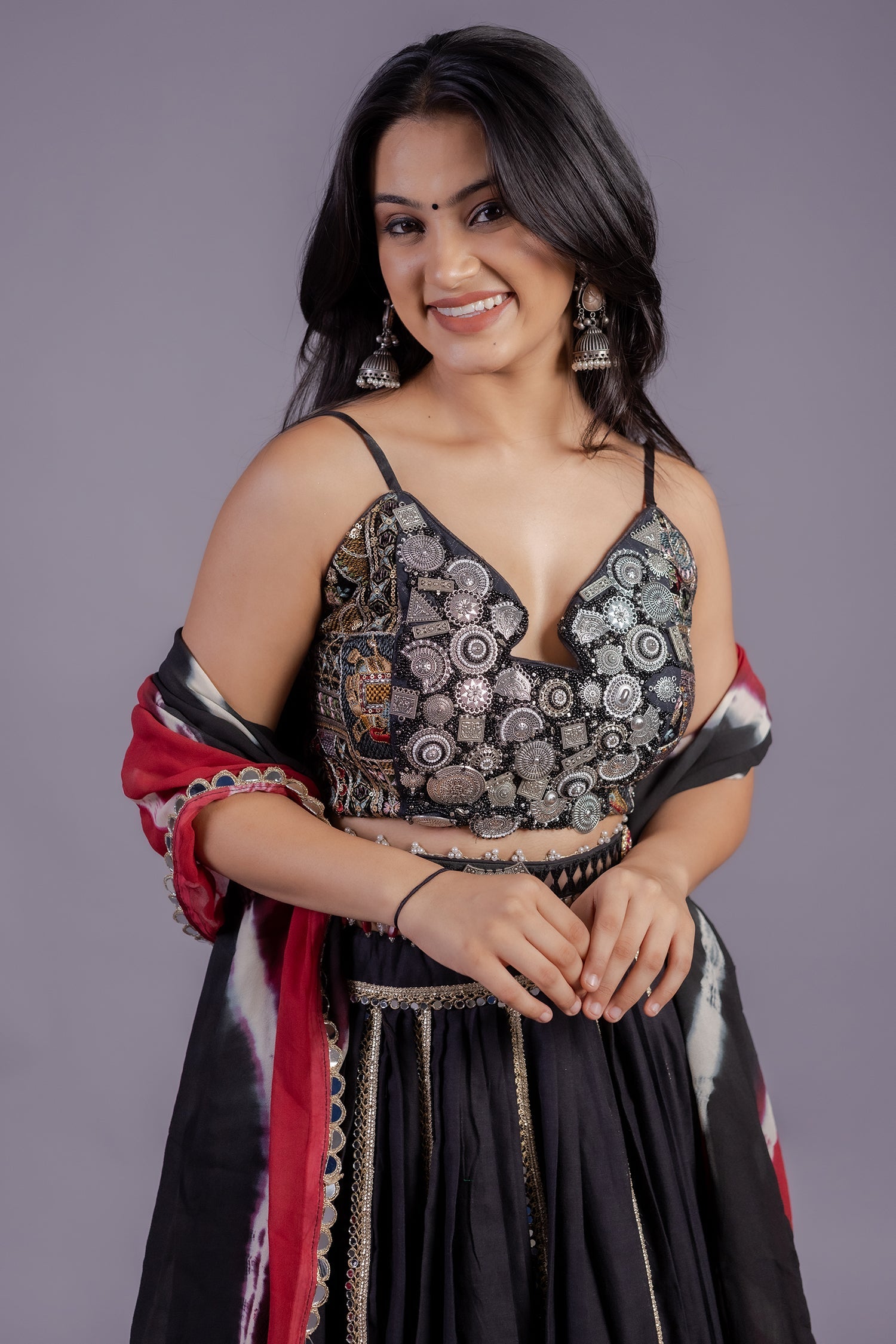 Black Cotton Printed Chaniya Choli with Lace Work