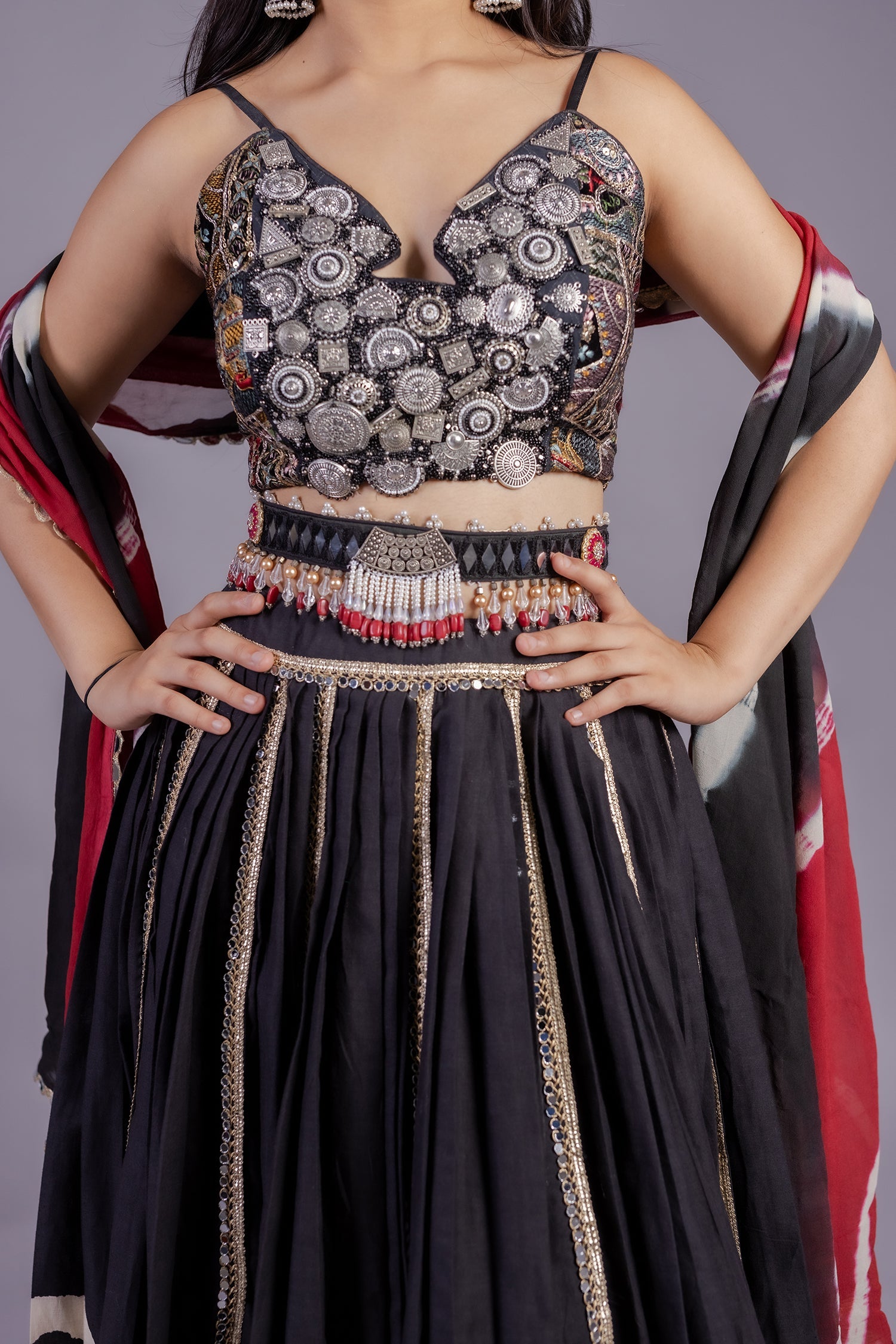Black Cotton Printed Chaniya Choli with Lace Work