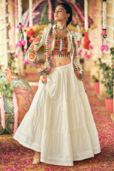 Off White Crepe Silk Flared Lehenga with Kachchi Worked Crop Top with Jacket