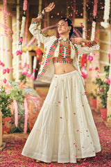 Off White Crepe Silk Flared Lehenga with Kachchi Worked Crop Top with Jacket