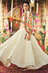 Off White Crepe Silk Flared Lehenga with Kachchi Worked Crop Top with Jacket