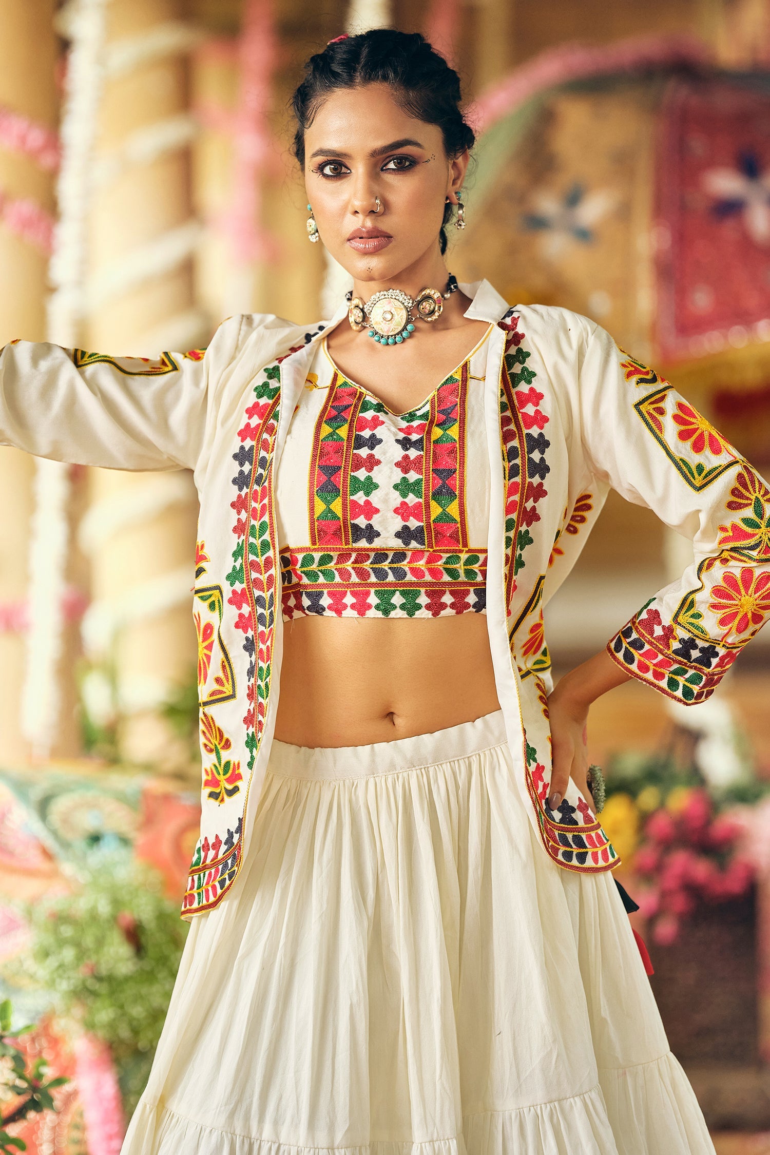 Off White Crepe Silk Flared Lehenga with Kachchi Worked Crop Top with Jacket
