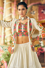 Off White Crepe Silk Flared Lehenga with Kachchi Worked Crop Top with Jacket