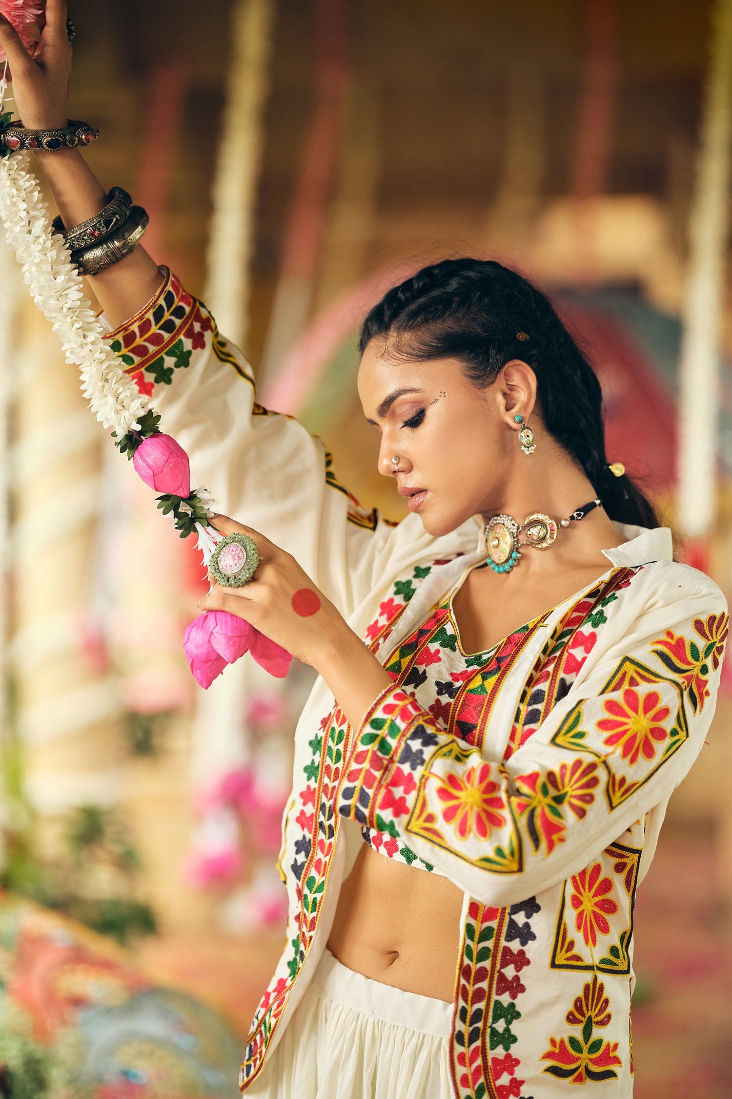 Off White Crepe Silk Flared Lehenga with Kachchi Worked Crop Top with Jacket
