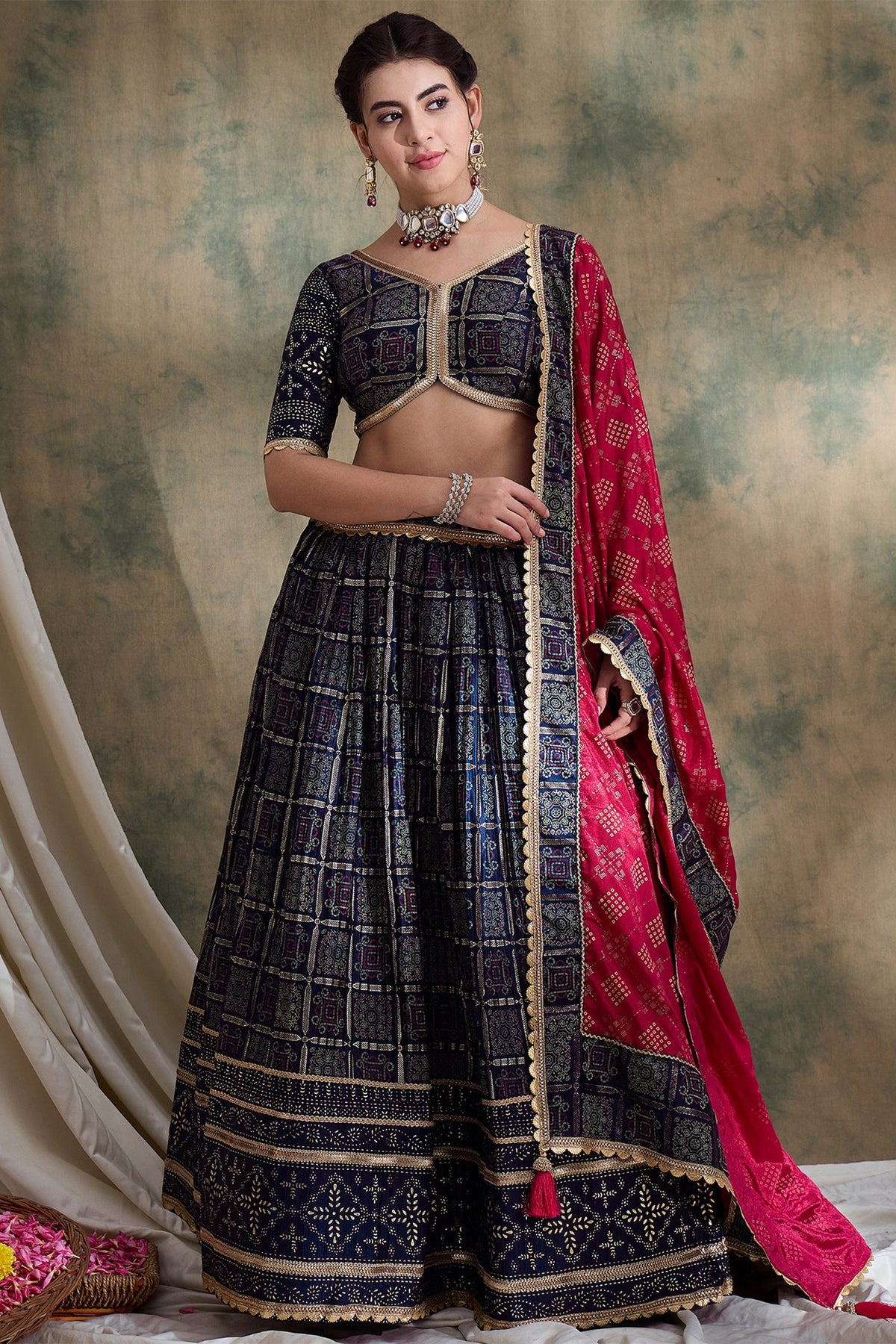 Blue Poly Satin Checks Pritned Chaniya Choli