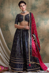 Blue Poly Satin Checks Pritned Chaniya Choli