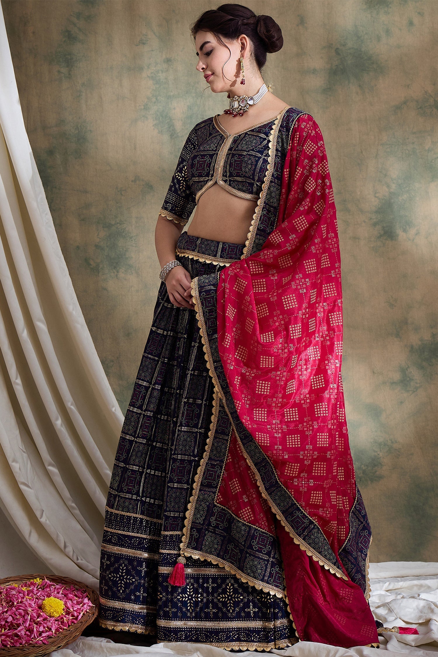 Blue Poly Satin Checks Pritned Chaniya Choli