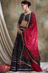 Blue Poly Satin Checks Pritned Chaniya Choli