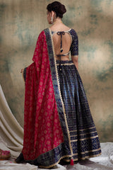 Blue Poly Satin Checks Pritned Chaniya Choli