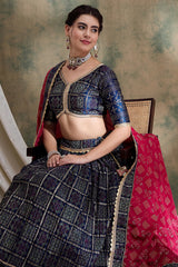 Blue Poly Satin Checks Pritned Chaniya Choli