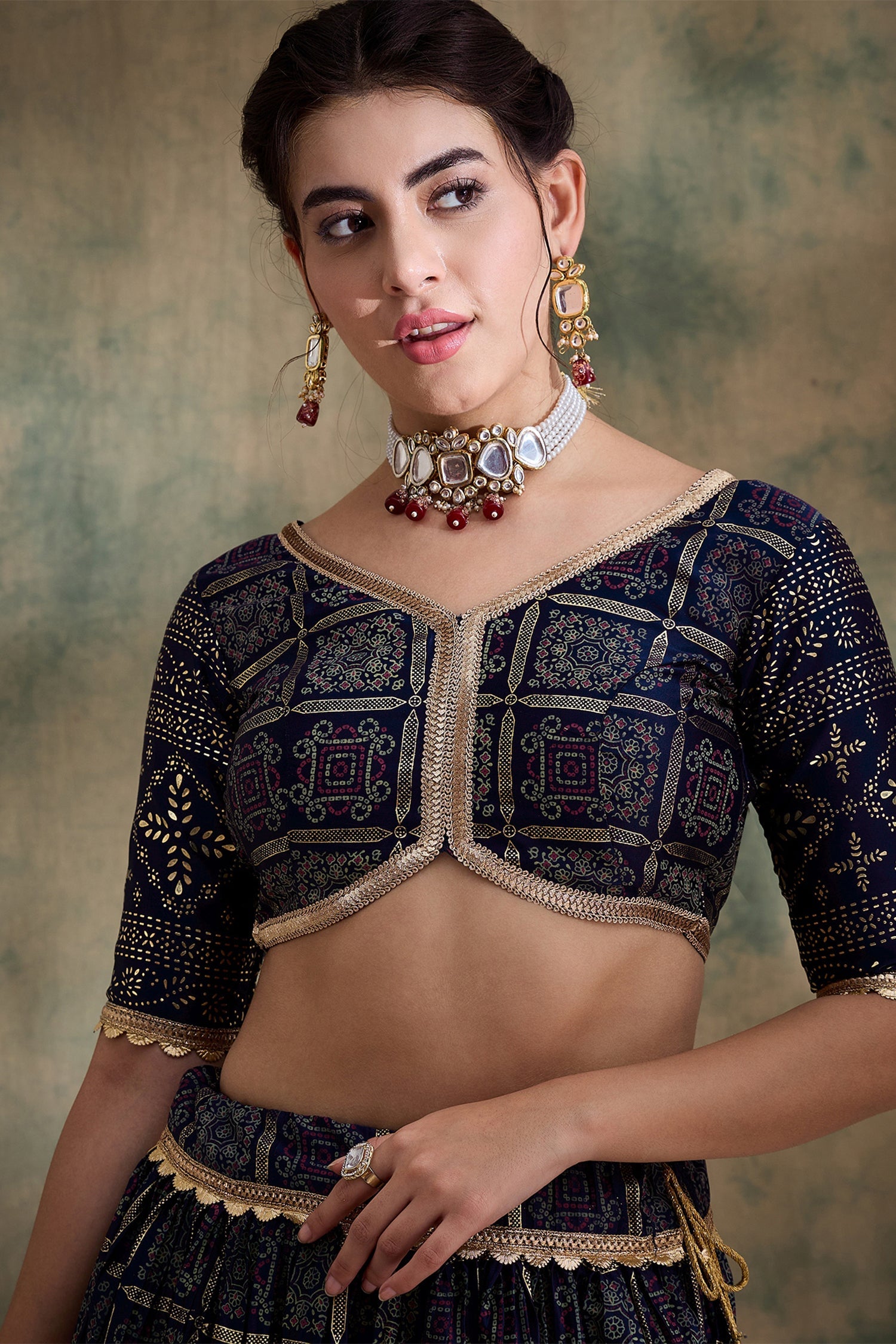 Blue Poly Satin Checks Pritned Chaniya Choli